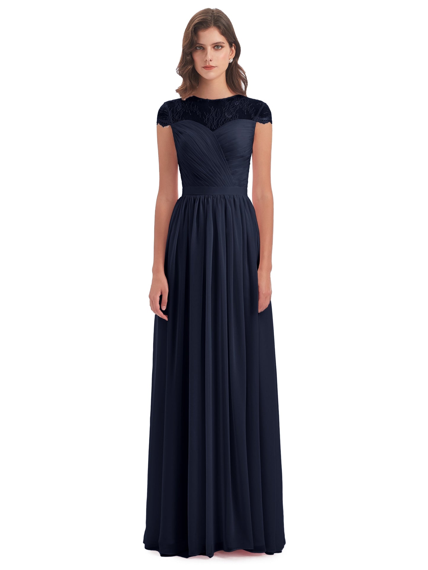 Nora Illusion Cap Sleeves Lace Long Bridesmaid Dresses