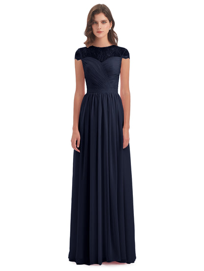 Nora Illusion Cap Sleeves Lace Long Bridesmaid Dresses