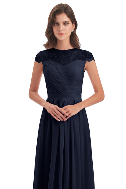 Nora Illusion Cap Sleeves Lace Long Bridesmaid Dresses
