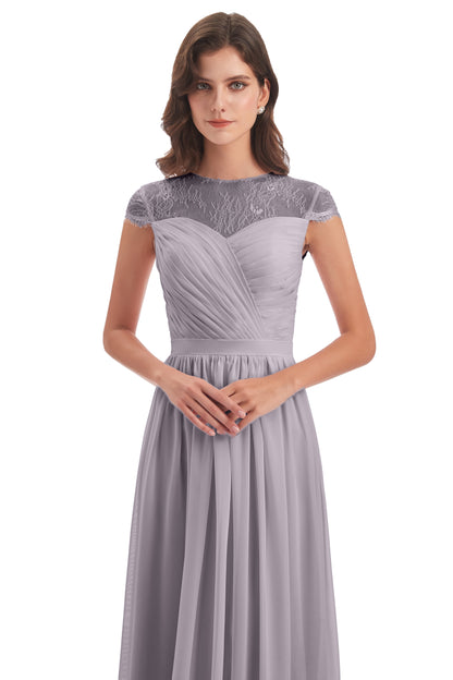 Nora Illusion Cap Sleeves Lace Long Bridesmaid Dresses