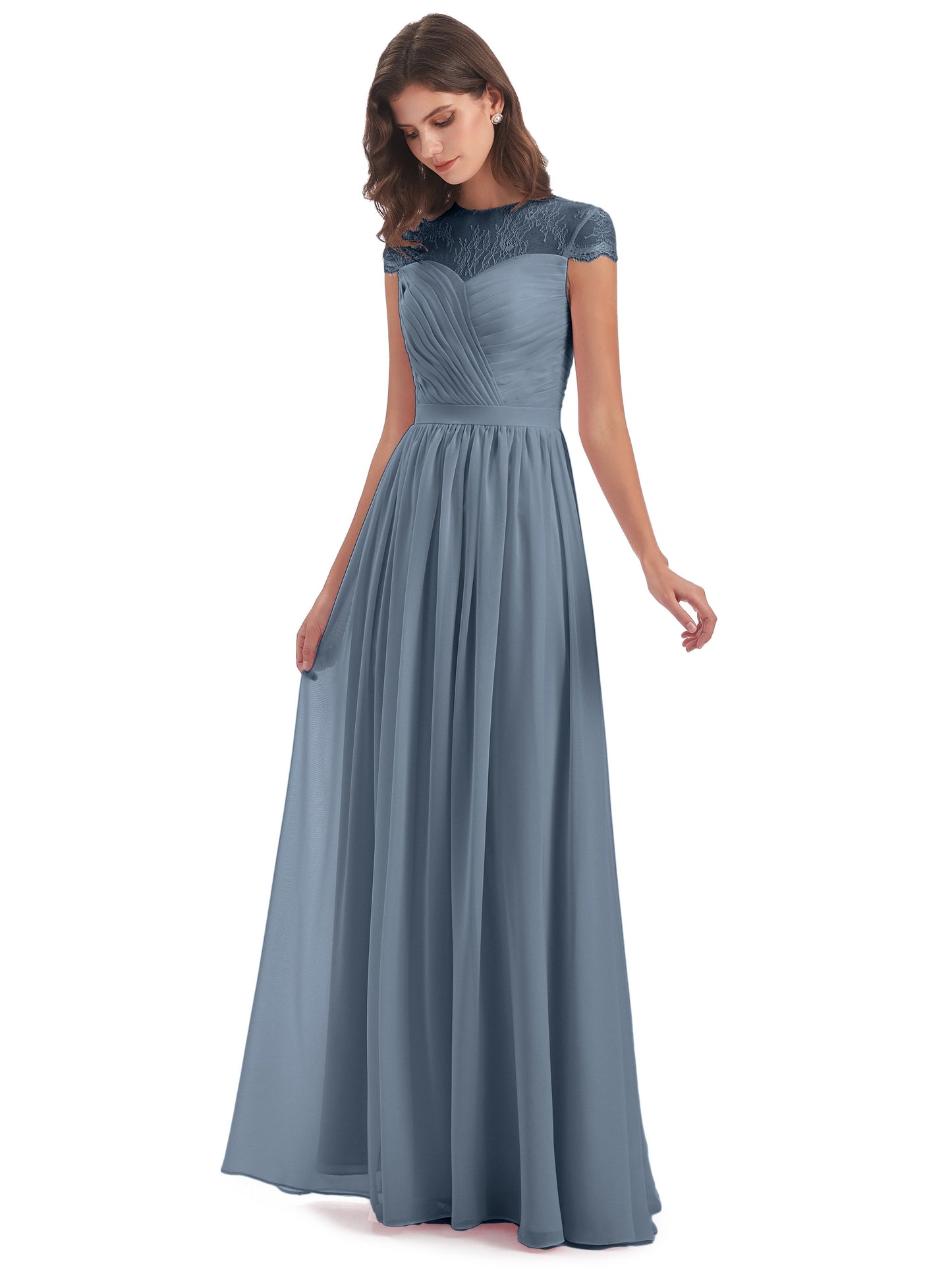 Nora Illusion Cap Sleeves Lace Long Bridesmaid Dresses