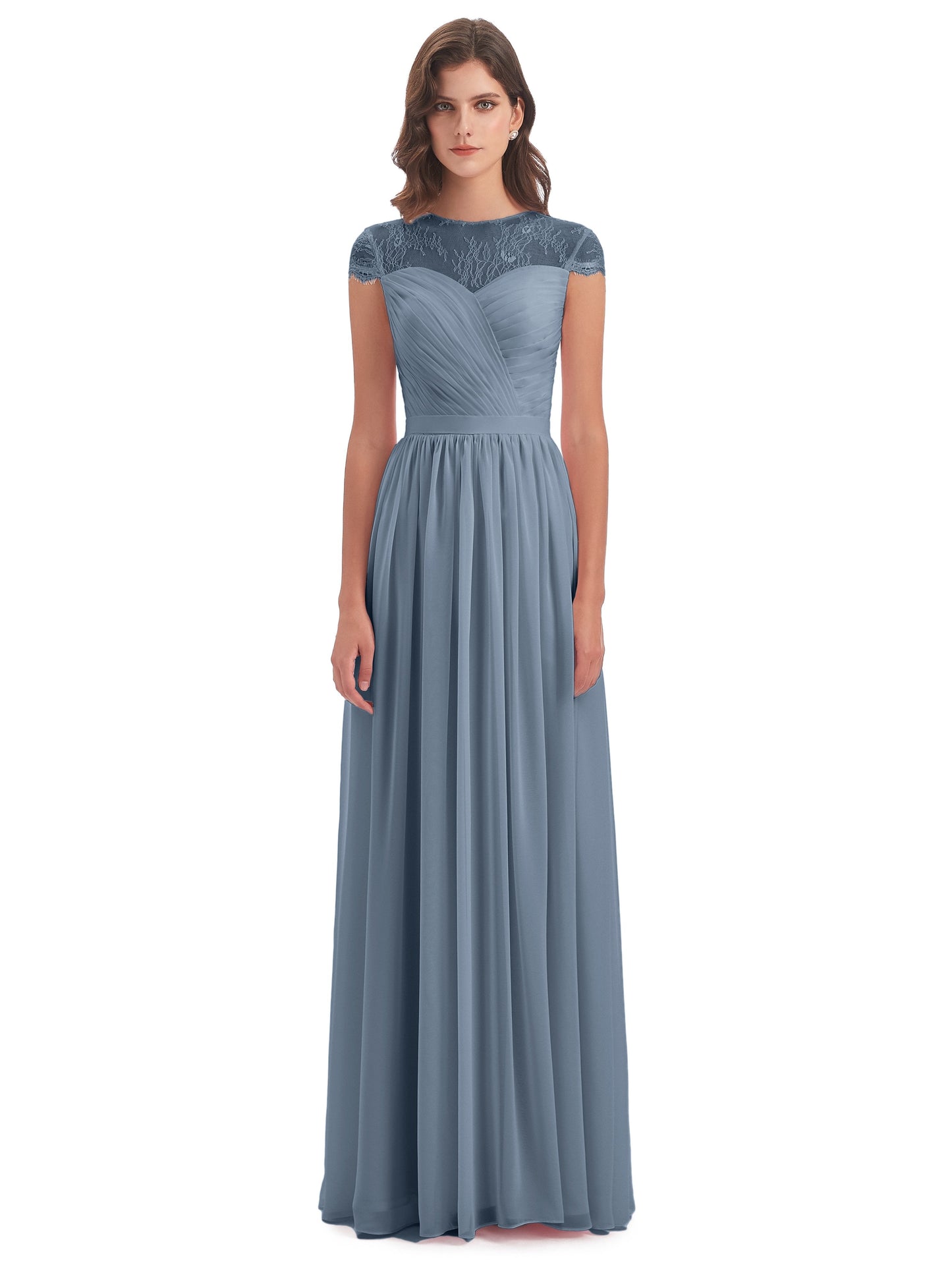 Nora Illusion Cap Sleeves Lace Long Bridesmaid Dresses