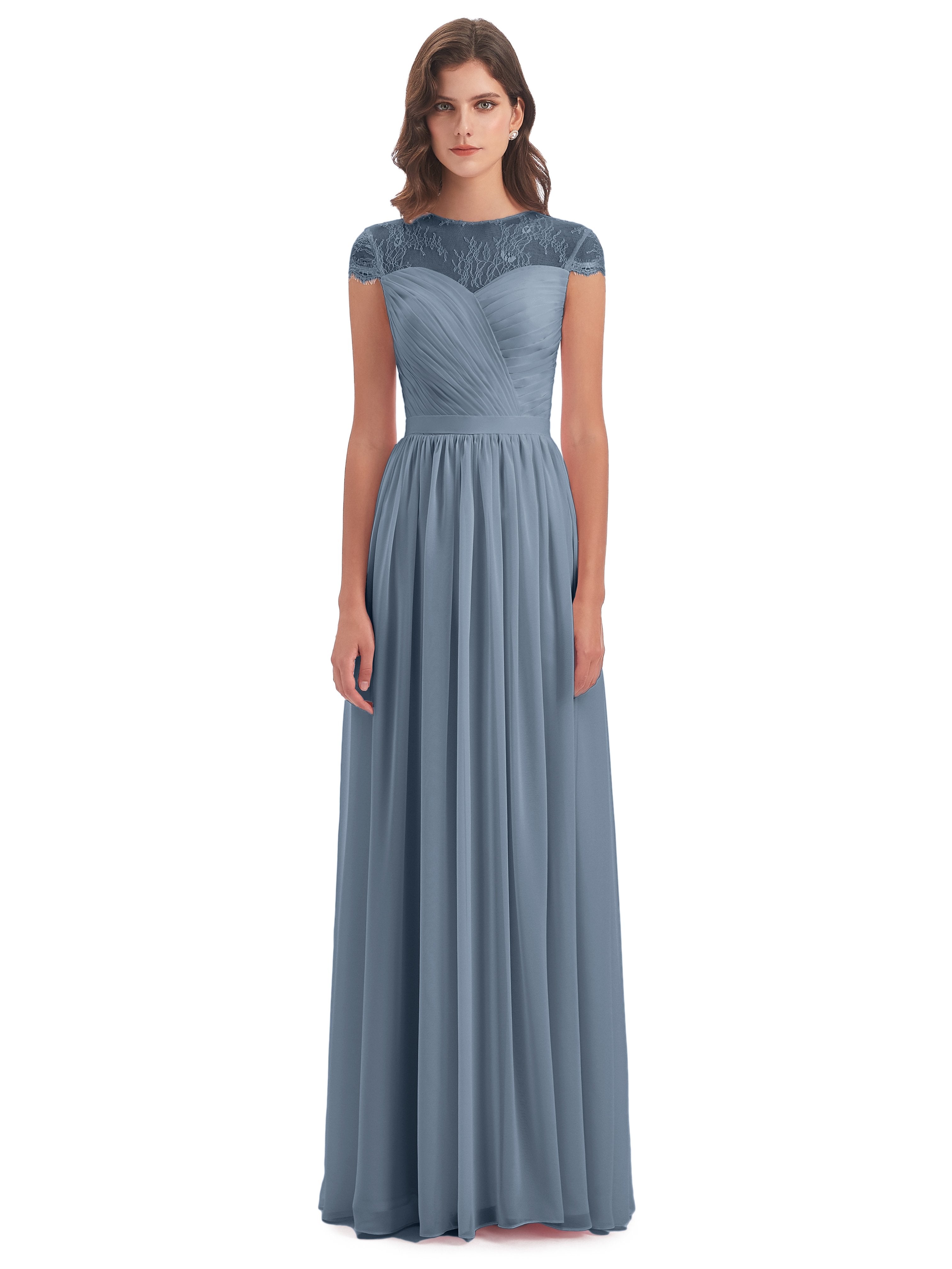 Nora Illusion Cap Sleeves Lace Long Bridesmaid Dresses