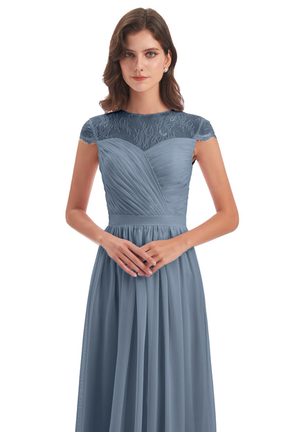 Nora Illusion Cap Sleeves Lace Long Bridesmaid Dresses
