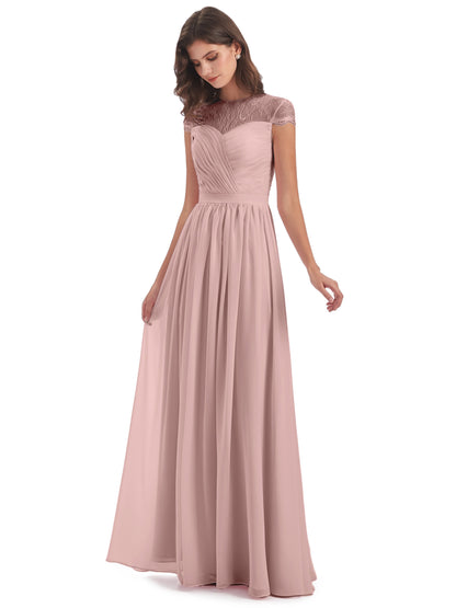 Nora Illusion Cap Sleeves Lace Long Bridesmaid Dresses