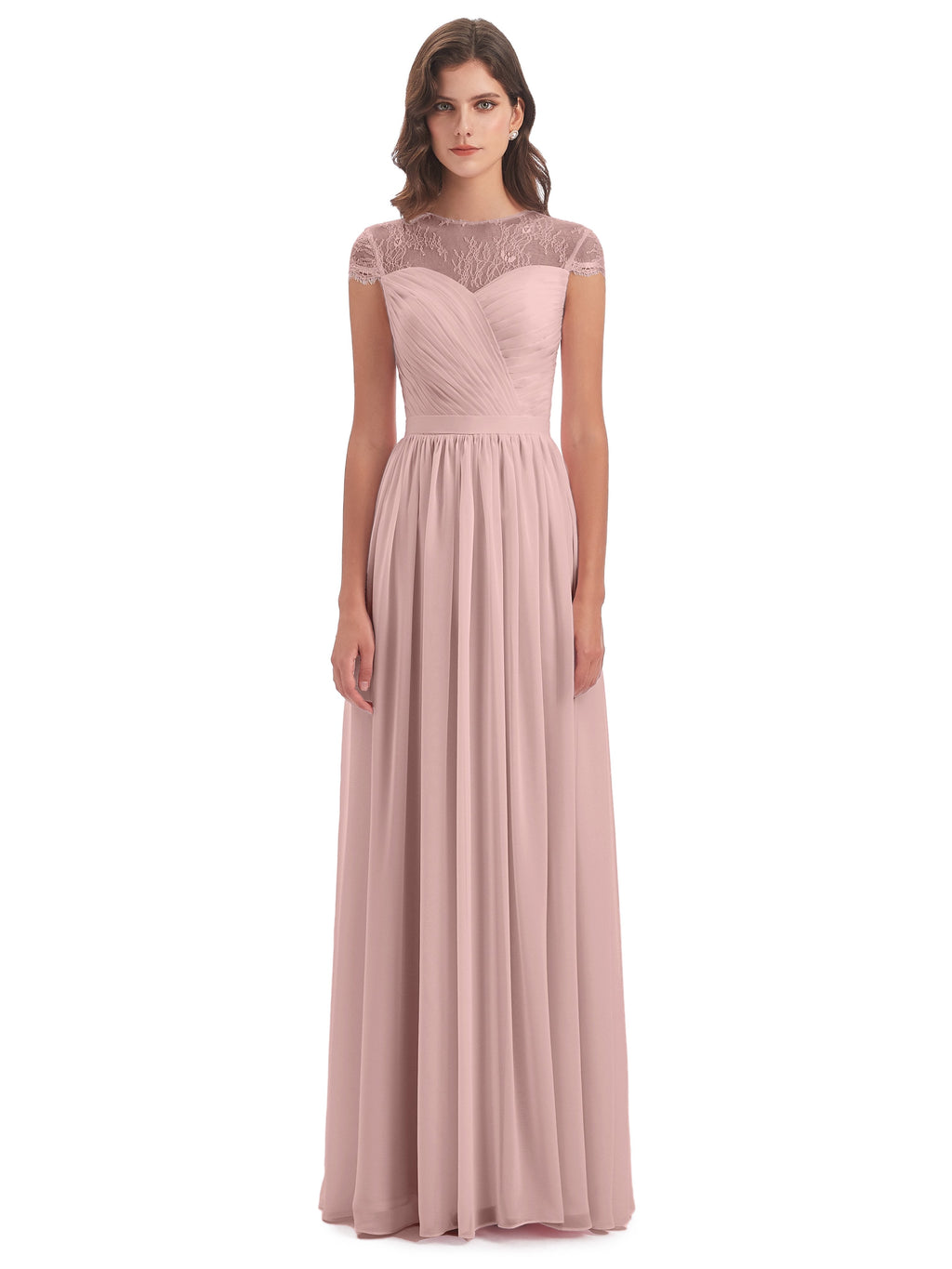 Nora Illusion Cap Sleeves Lace Long Bridesmaid Dresses