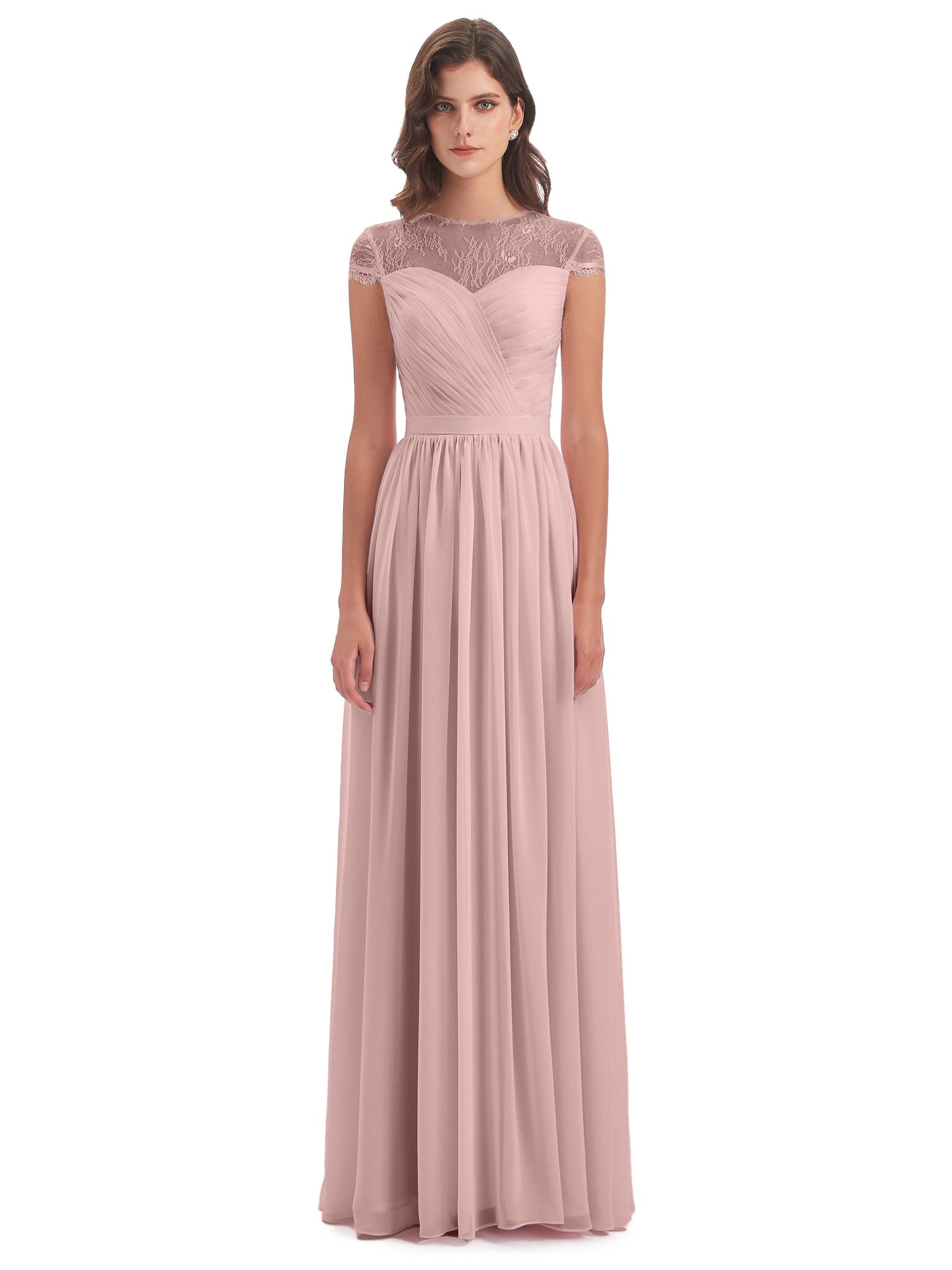 Nora Illusion Cap Sleeves Lace Long Bridesmaid Dresses