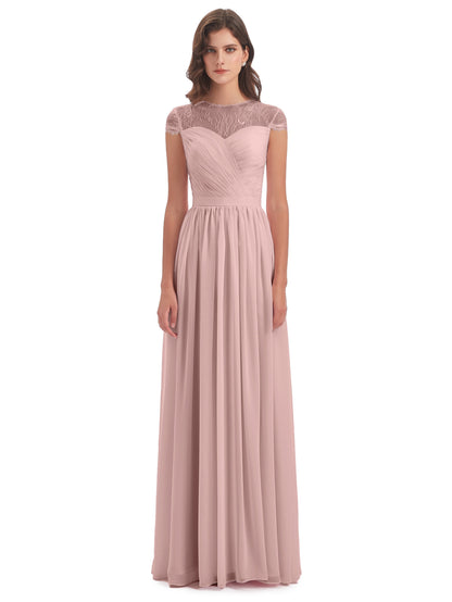 Nora Illusion Cap Sleeves Lace Long Bridesmaid Dresses