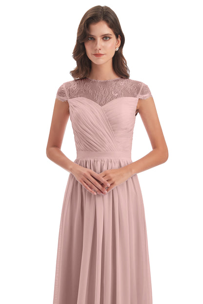 Nora Illusion Cap Sleeves Lace Long Bridesmaid Dresses