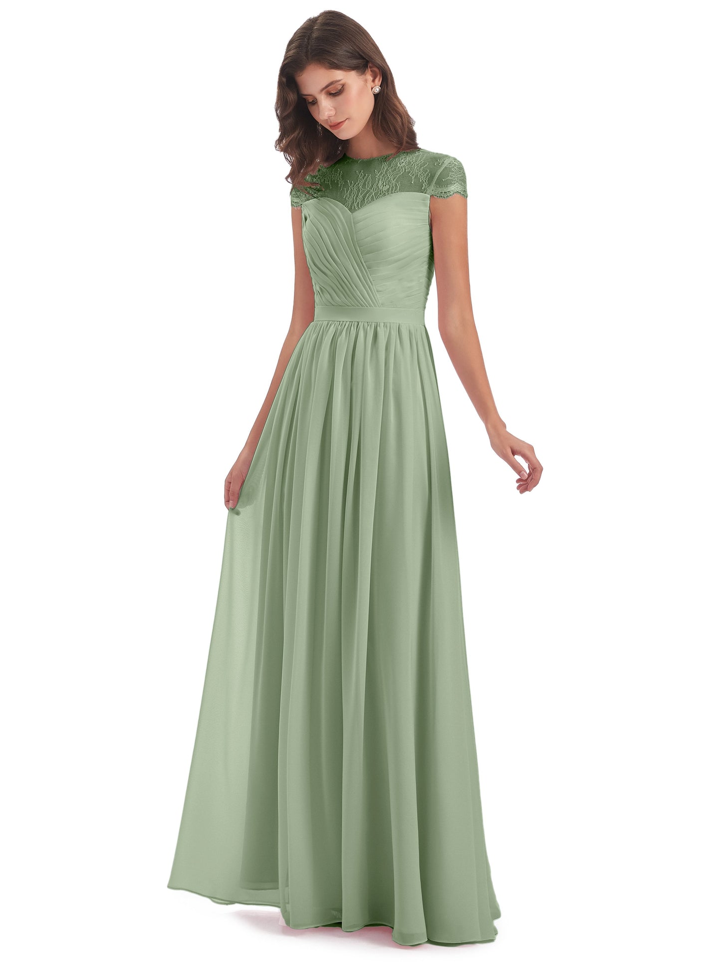 Nora Illusion Cap Sleeves Lace Long Bridesmaid Dresses