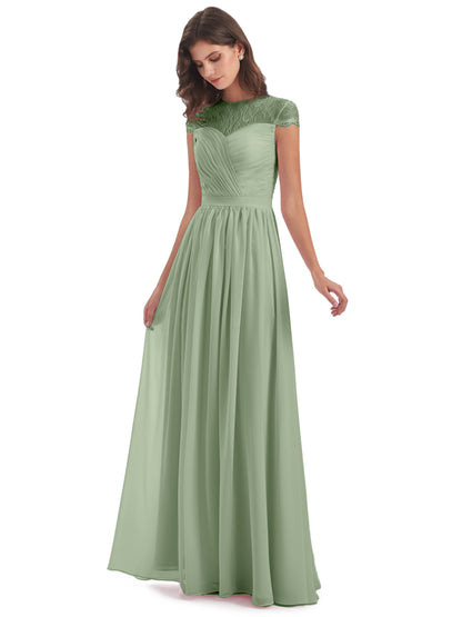 Nora Illusion Cap Sleeves Lace Long Bridesmaid Dresses