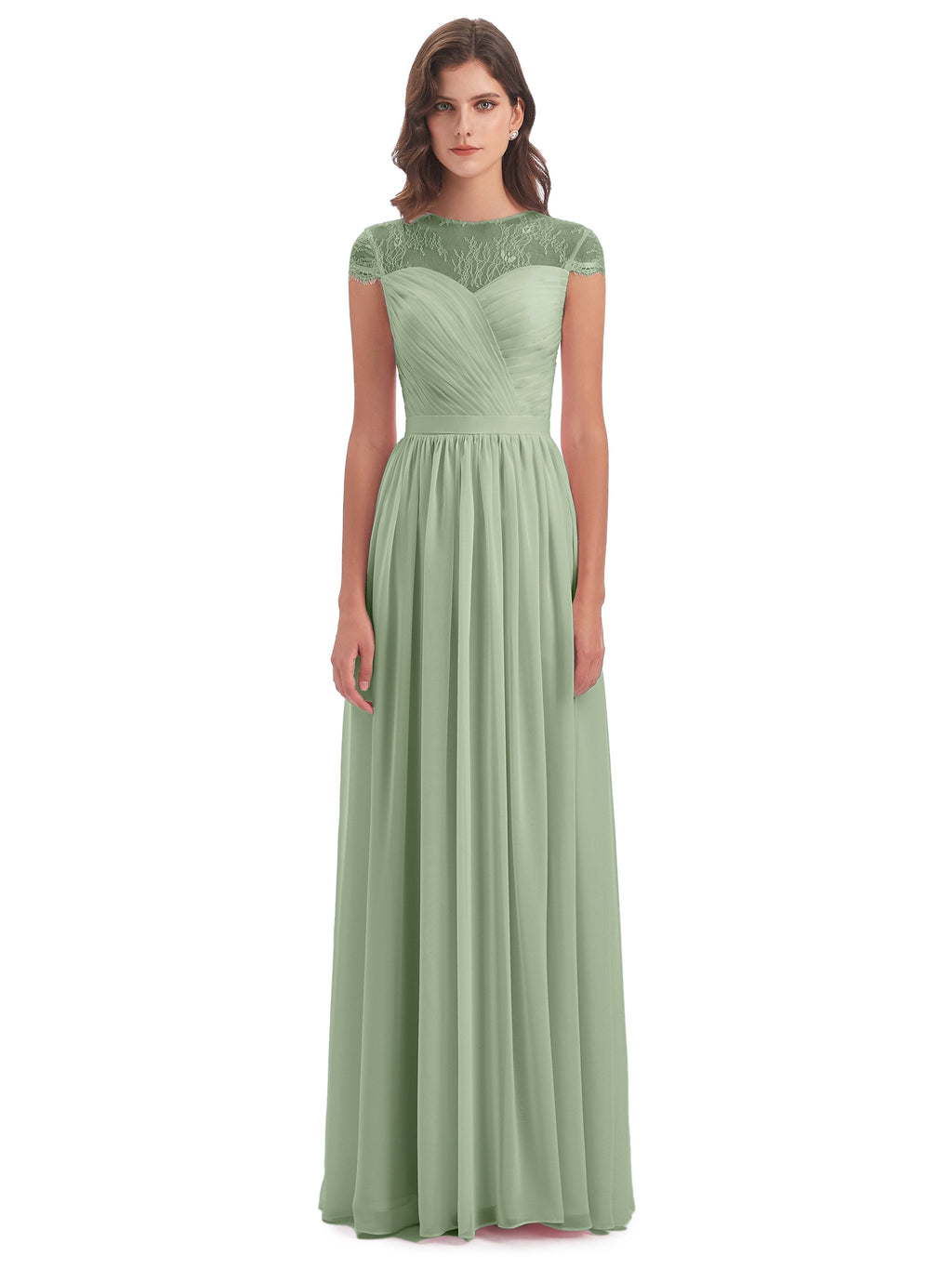 Nora Illusion Cap Sleeves Lace Long Bridesmaid Dresses