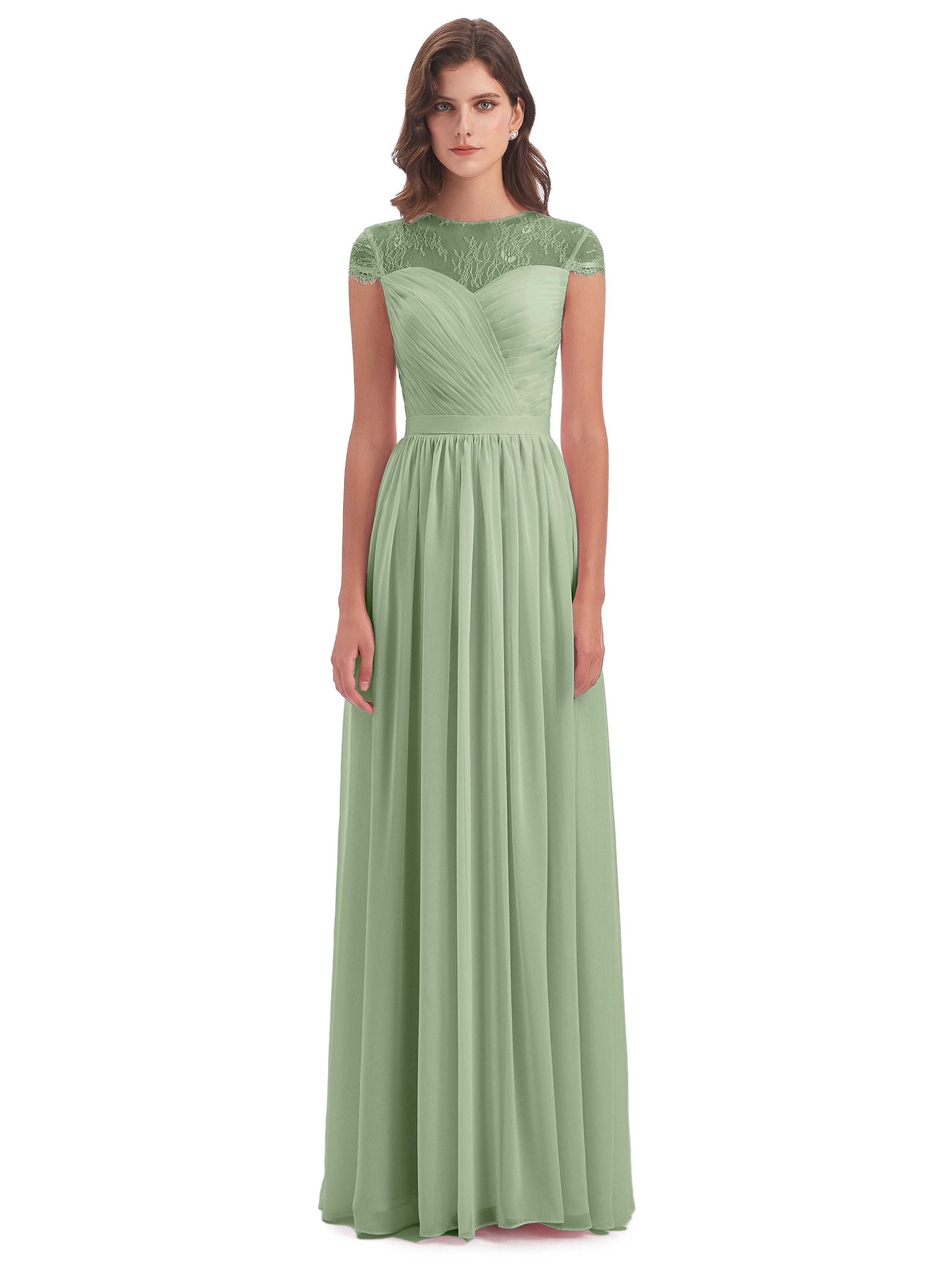 Nora Illusion Cap Sleeves Lace Long Bridesmaid Dresses