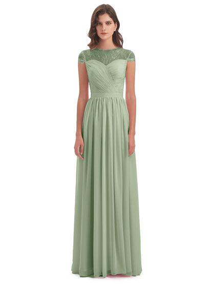 Nora Illusion Cap Sleeves Lace Long Bridesmaid Dresses