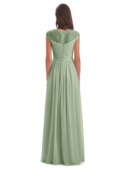 Nora Illusion Cap Sleeves Lace Long Bridesmaid Dresses