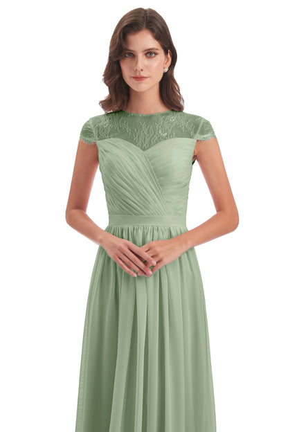 Nora Illusion Cap Sleeves Lace Long Bridesmaid Dresses