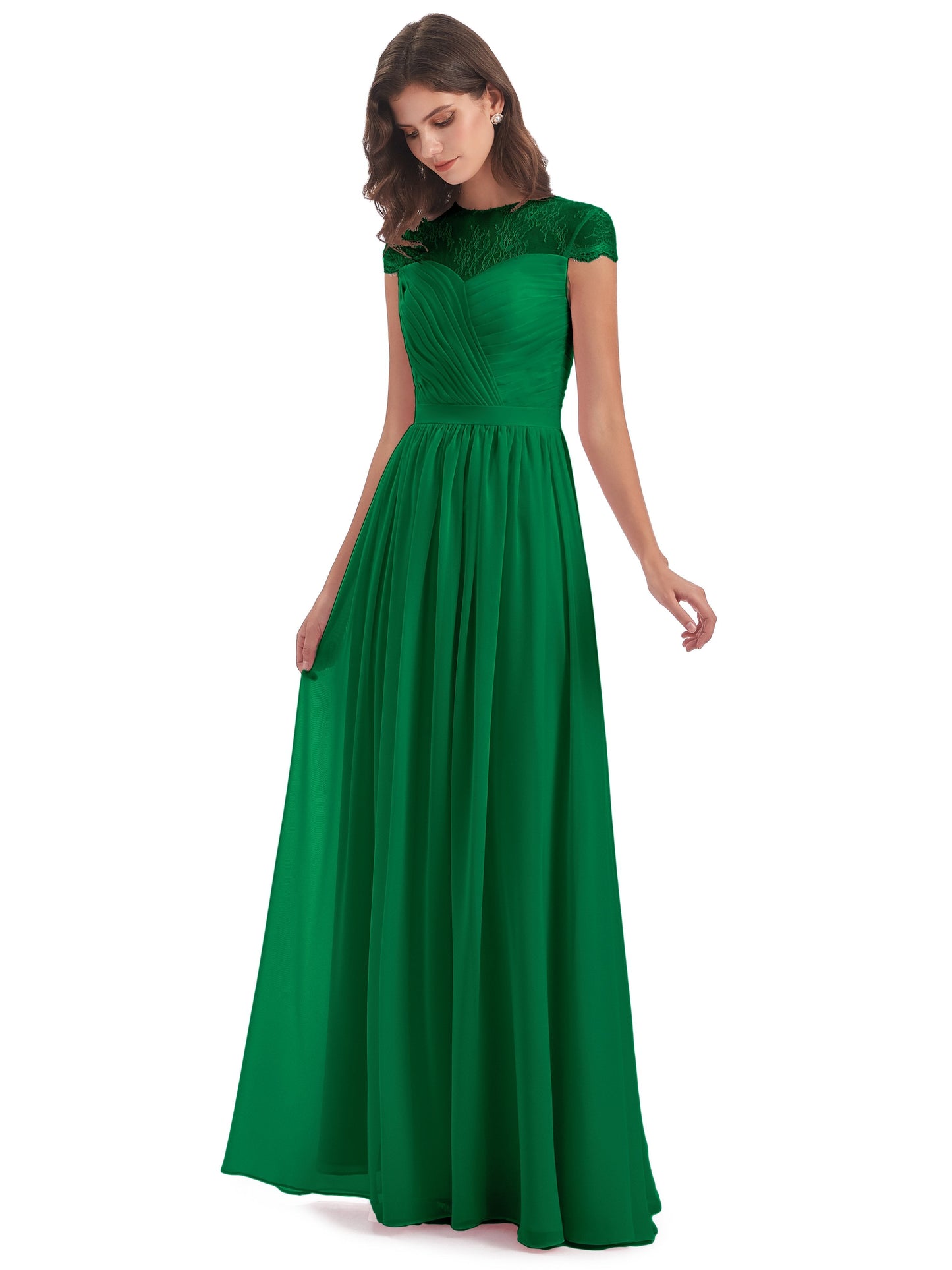 Nora Illusion Cap Sleeves Lace Long Bridesmaid Dresses