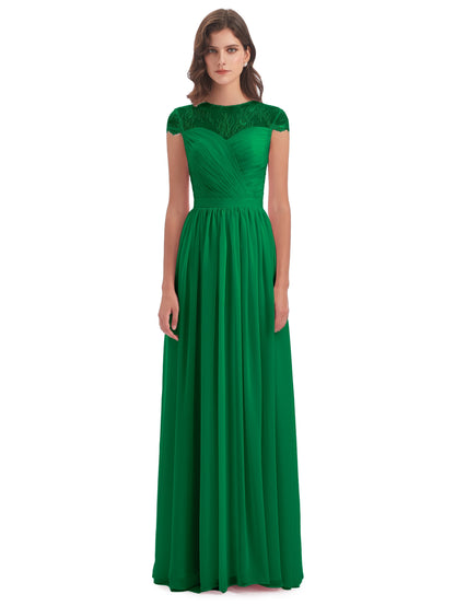 Nora Illusion Cap Sleeves Lace Long Bridesmaid Dresses