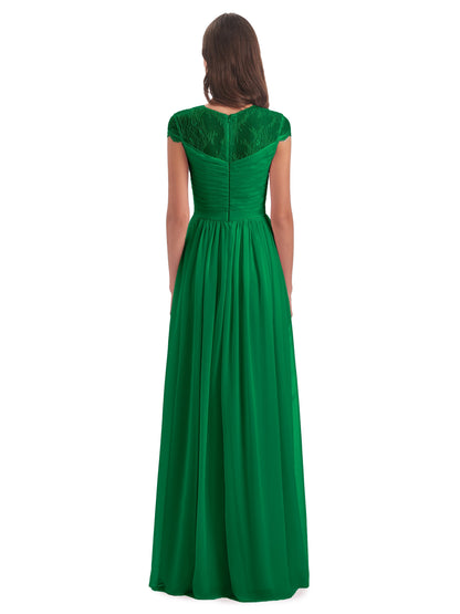 Nora Illusion Cap Sleeves Lace Long Bridesmaid Dresses