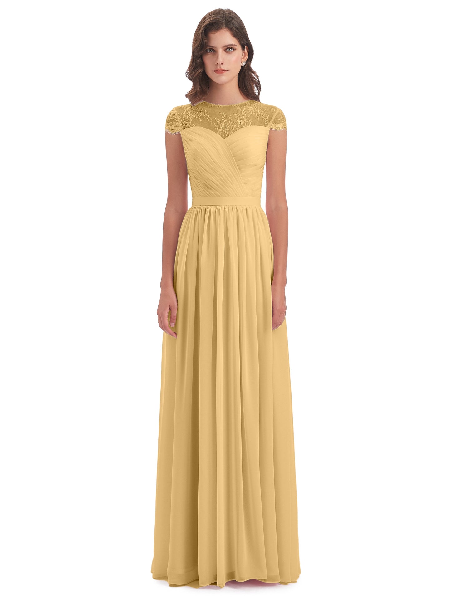 Nora Illusion Cap Sleeves Lace Long Bridesmaid Dresses