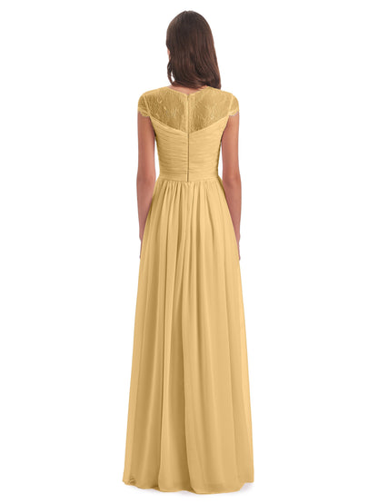 Nora Illusion Cap Sleeves Lace Long Bridesmaid Dresses