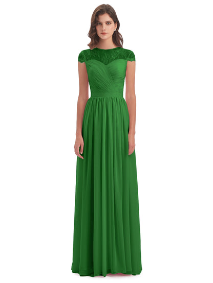 Nora Illusion Cap Sleeves Lace Long Bridesmaid Dresses