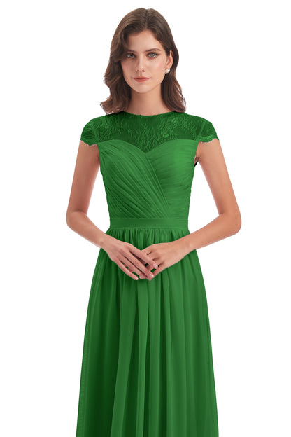 Nora Illusion Cap Sleeves Lace Long Bridesmaid Dresses