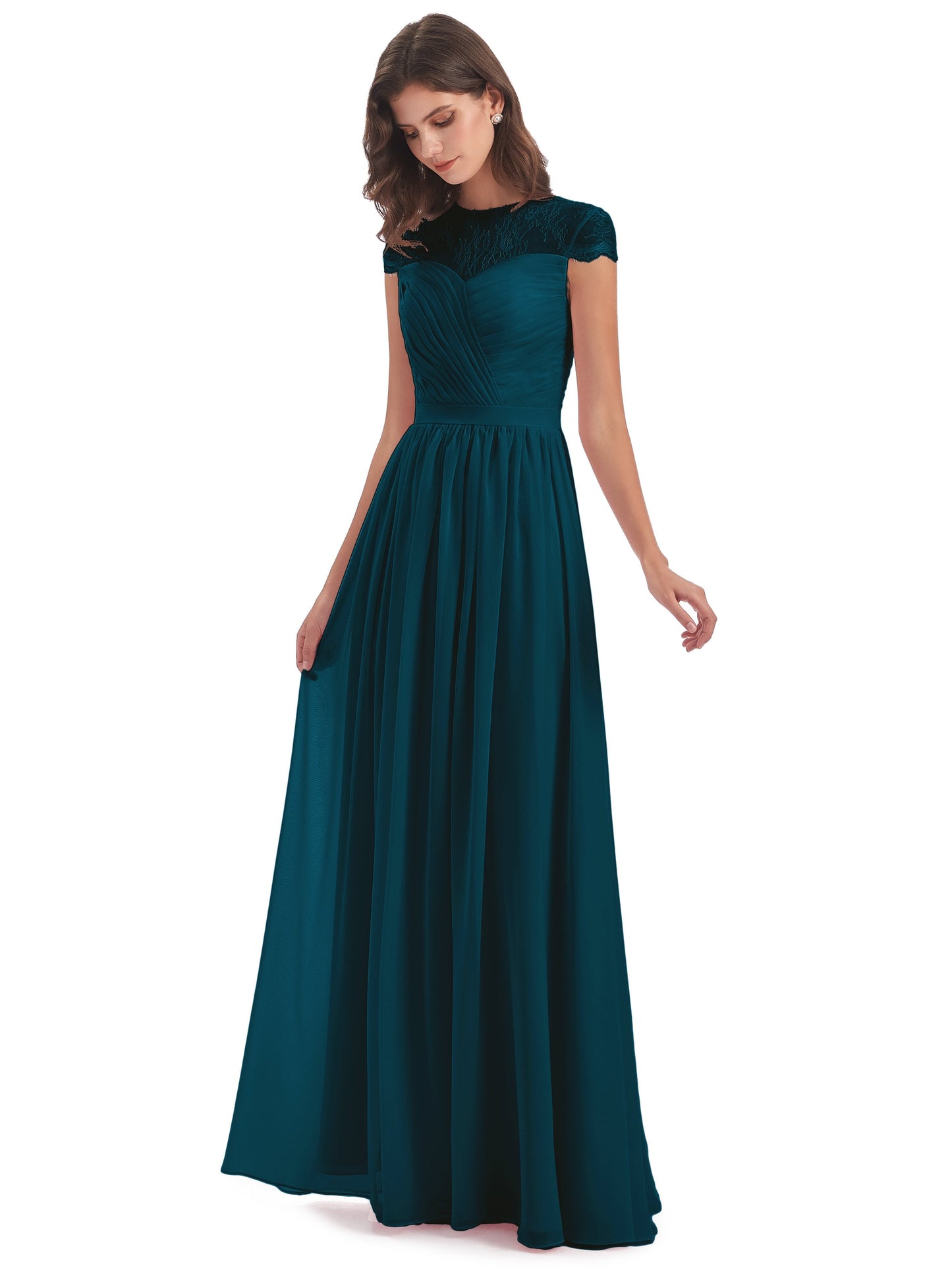 Nora Illusion Cap Sleeves Lace Long Bridesmaid Dresses