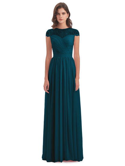 Nora Illusion Cap Sleeves Lace Long Bridesmaid Dresses