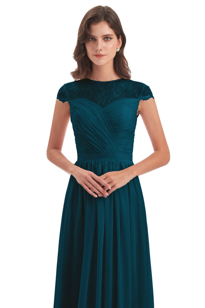 Nora Illusion Cap Sleeves Lace Long Bridesmaid Dresses