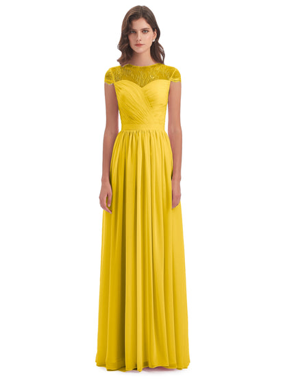 Nora Illusion Cap Sleeves Lace Long Bridesmaid Dresses