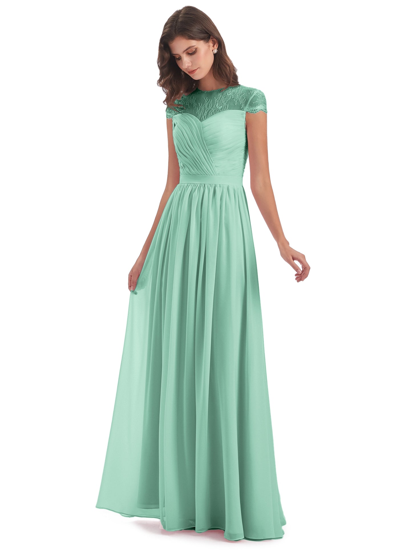Nora Illusion Cap Sleeves Lace Long Bridesmaid Dresses