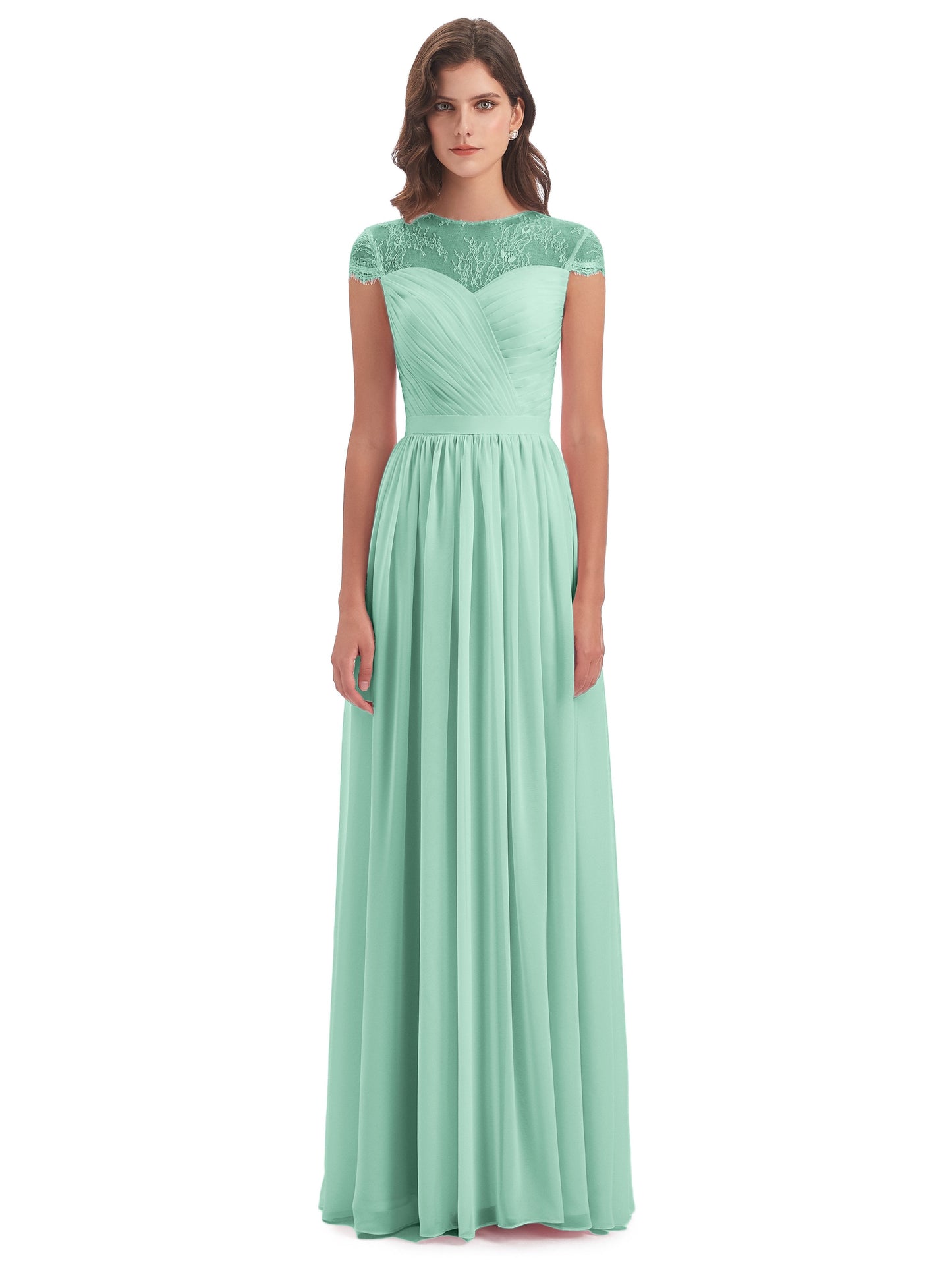Nora Illusion Cap Sleeves Lace Long Bridesmaid Dresses