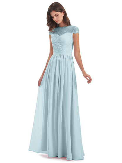 Nora Illusion Cap Sleeves Lace Long Bridesmaid Dresses