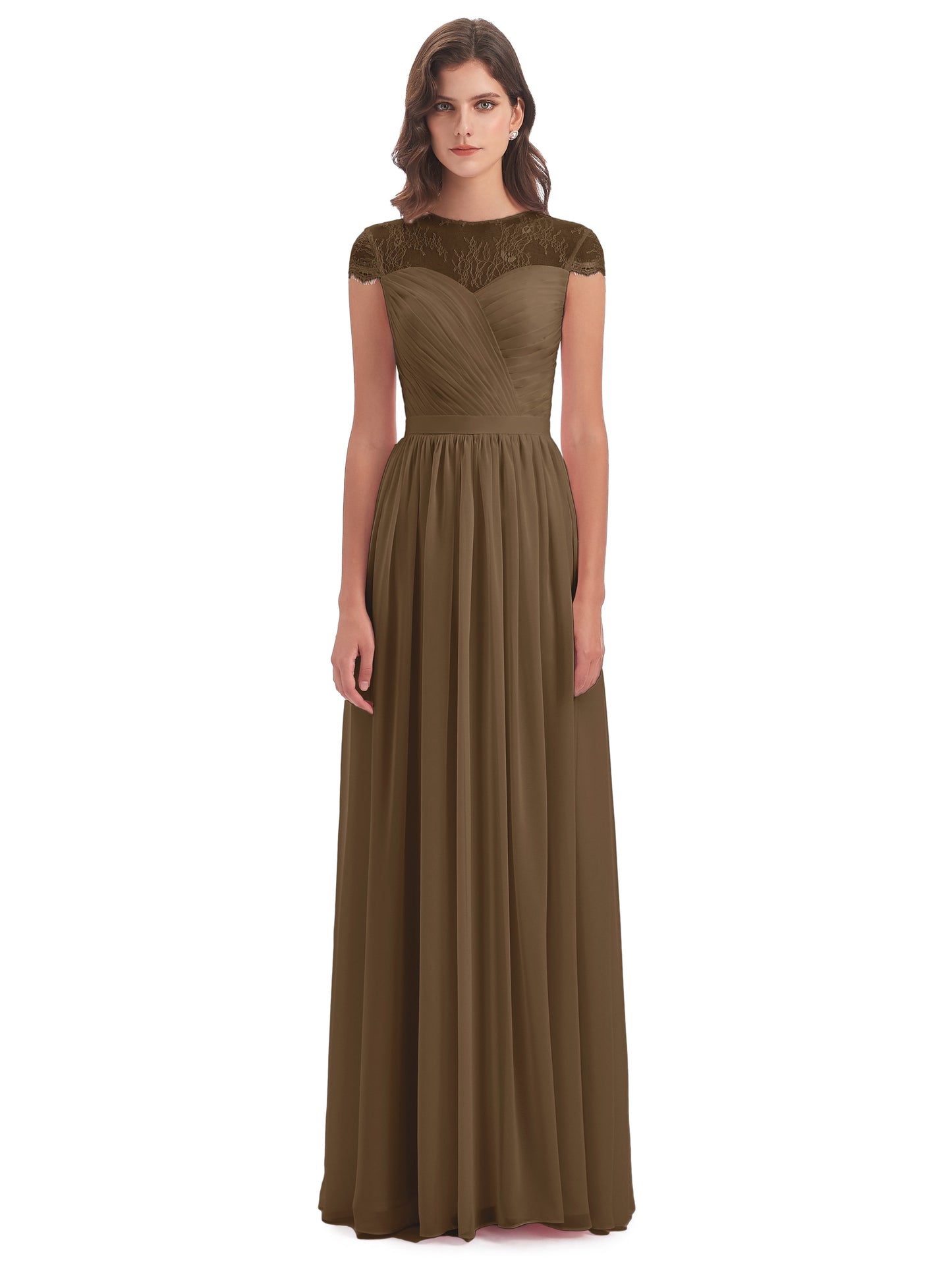 Nora Illusion Cap Sleeves Lace Long Bridesmaid Dresses