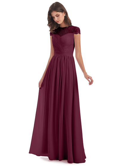Nora Illusion Cap Sleeves Lace Long Bridesmaid Dresses