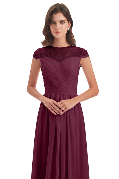 Nora Illusion Cap Sleeves Lace Long Bridesmaid Dresses
