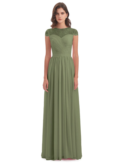 Nora Illusion Cap Sleeves Lace Long Bridesmaid Dresses