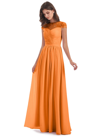 Nora Illusion Cap Sleeves Lace Long Bridesmaid Dresses