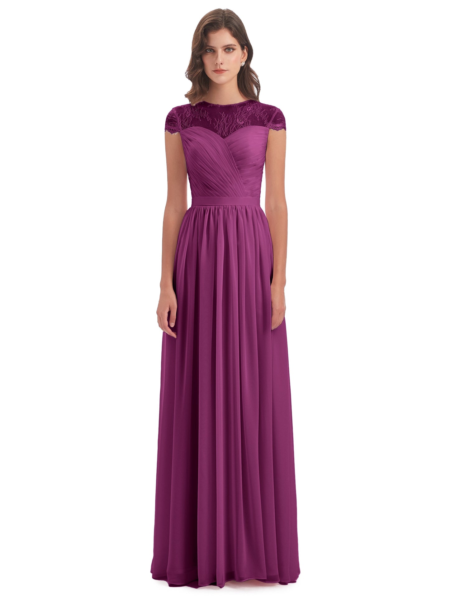 Nora Illusion Cap Sleeves Lace Long Bridesmaid Dresses