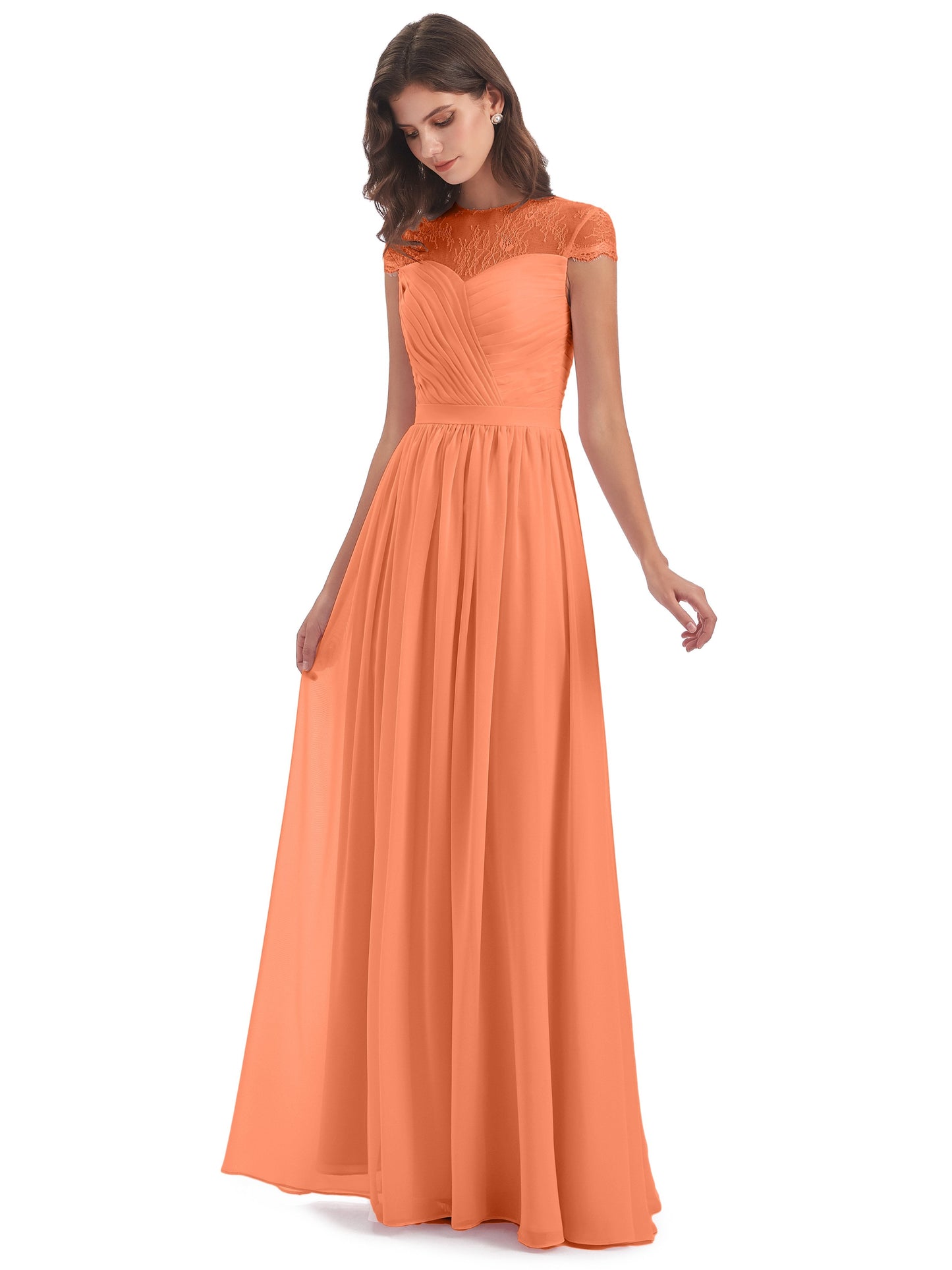Nora Illusion Cap Sleeves Lace Long Bridesmaid Dresses