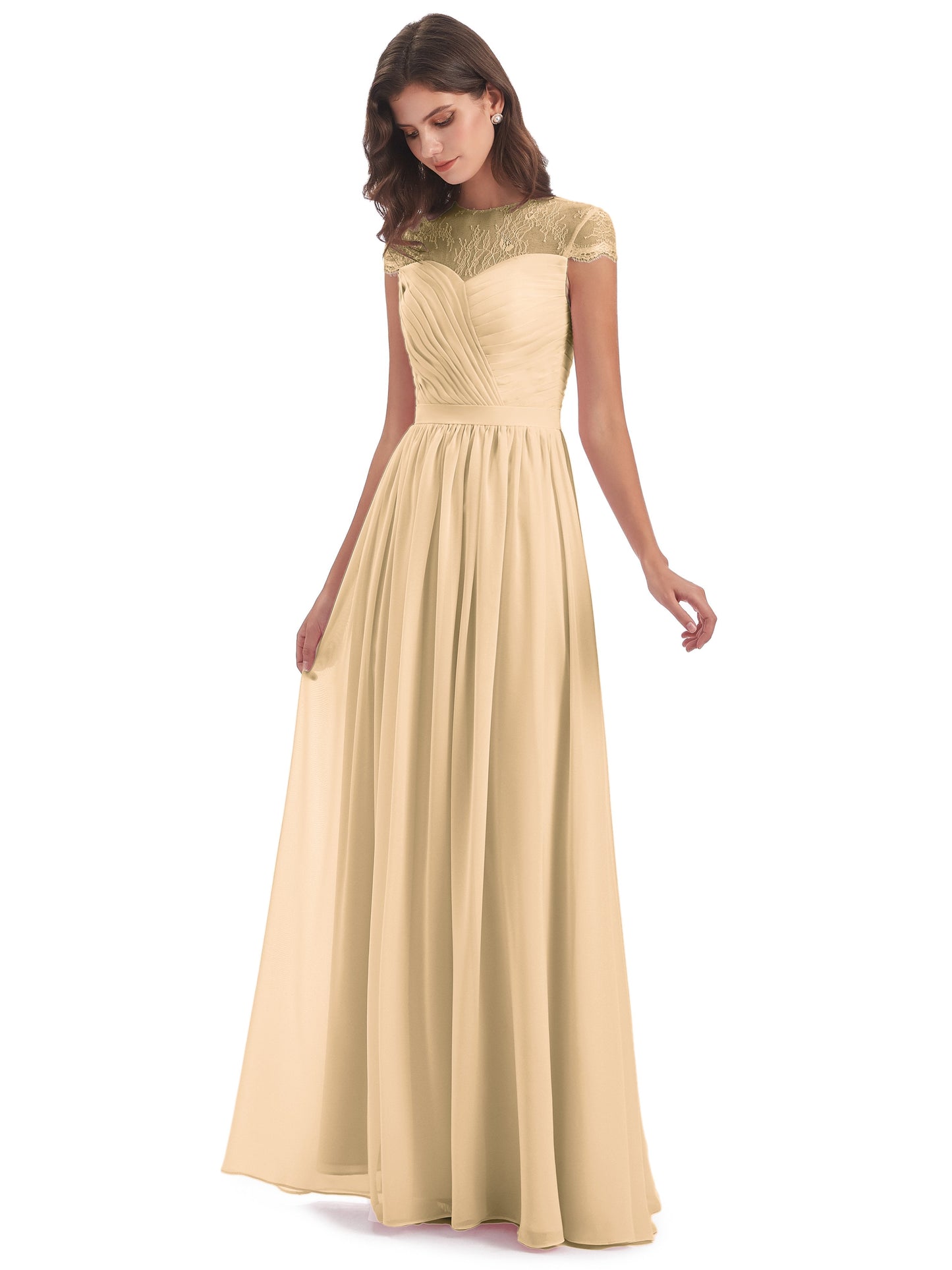 Nora Illusion Cap Sleeves Lace Long Bridesmaid Dresses