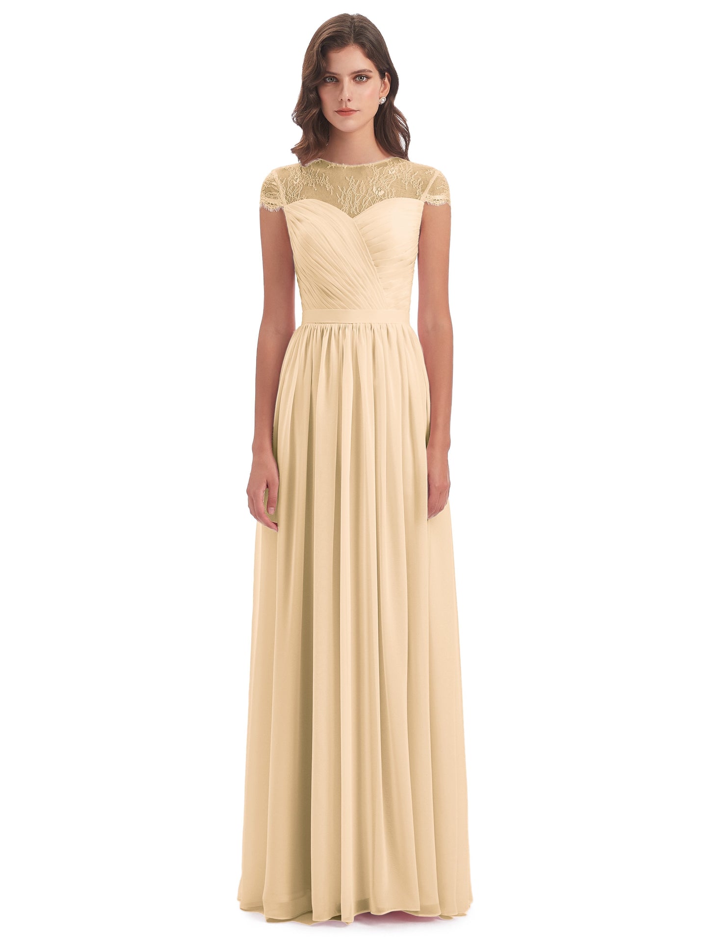 Nora Illusion Cap Sleeves Lace Long Bridesmaid Dresses