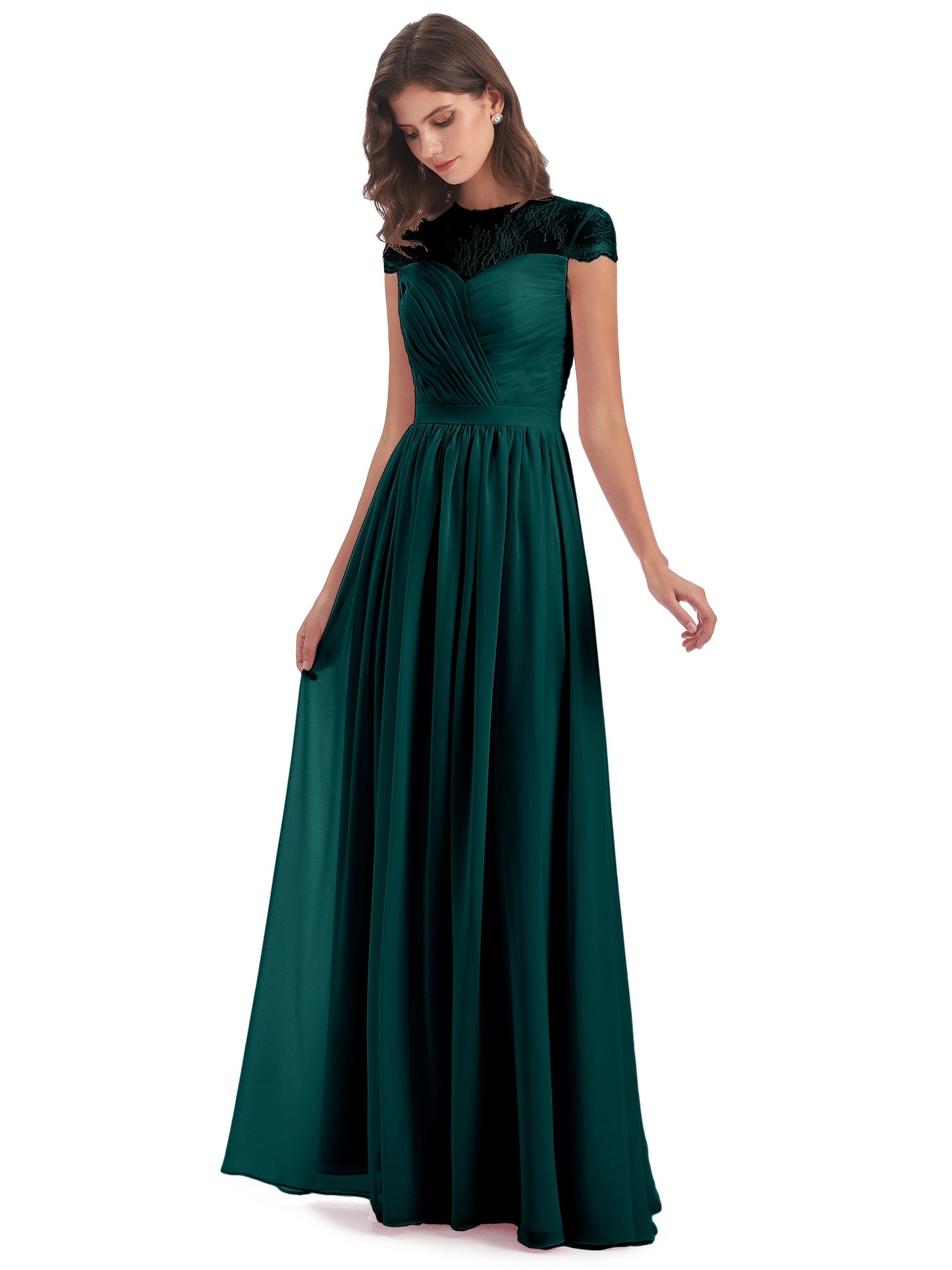 Nora Illusion Cap Sleeves Lace Long Bridesmaid Dresses