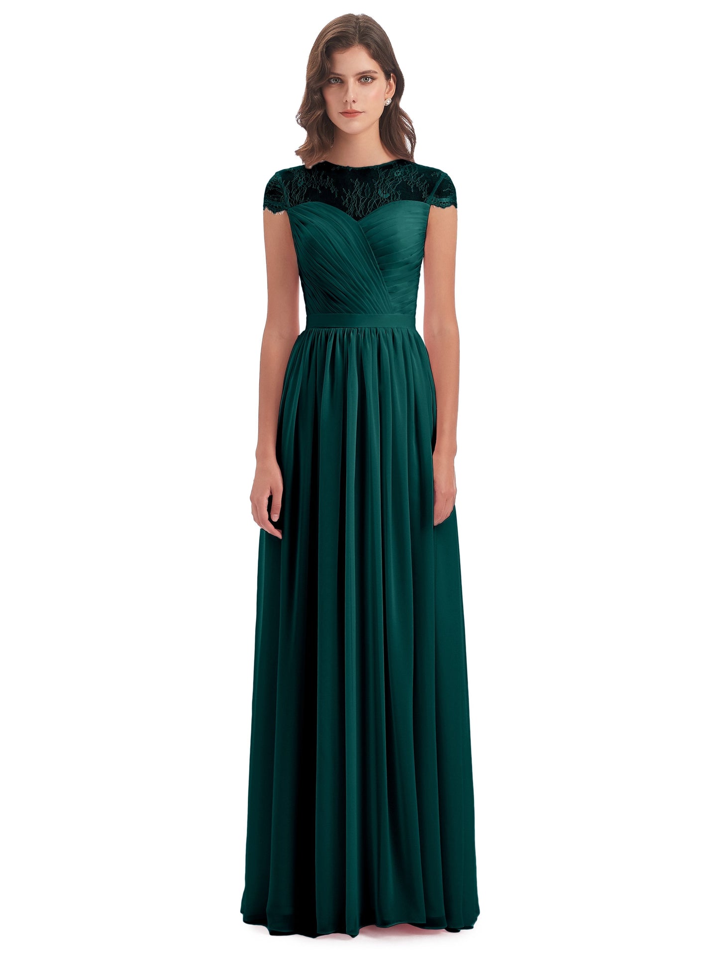Nora Illusion Cap Sleeves Lace Long Bridesmaid Dresses
