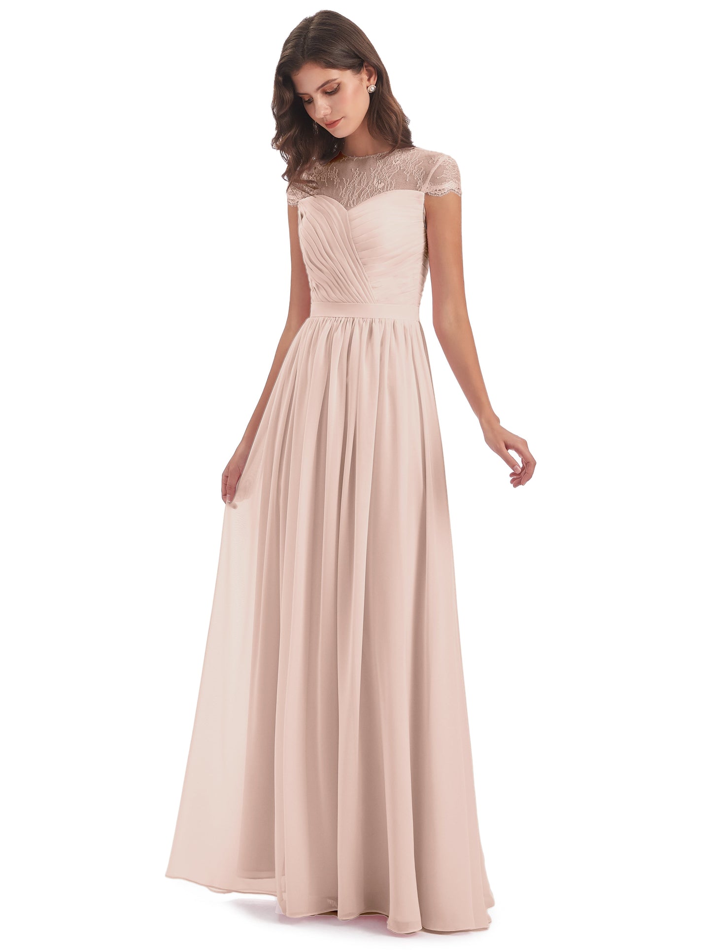Nora Illusion Cap Sleeves Lace Long Bridesmaid Dresses
