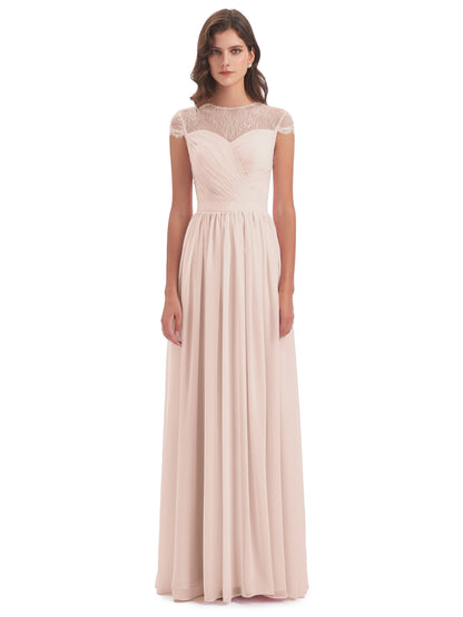 Nora Illusion Cap Sleeves Lace Long Bridesmaid Dresses
