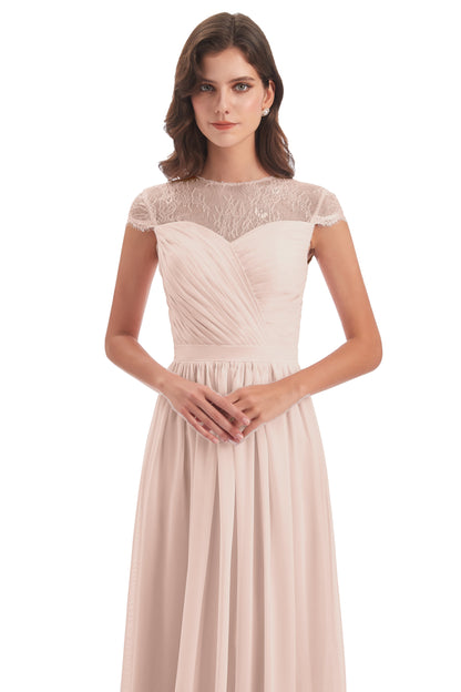 Nora Illusion Cap Sleeves Lace Long Bridesmaid Dresses