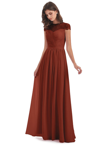 Nora Illusion Cap Sleeves Lace Long Bridesmaid Dresses