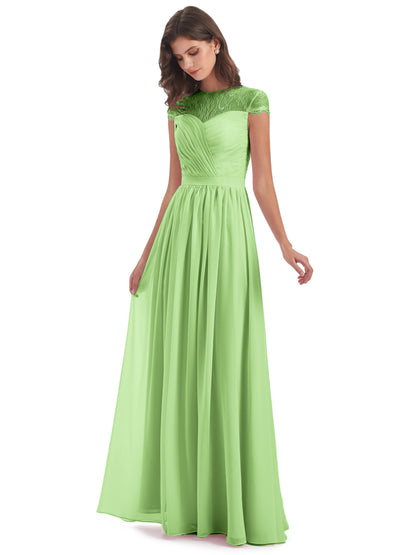 Nora Illusion Cap Sleeves Lace Long Bridesmaid Dresses